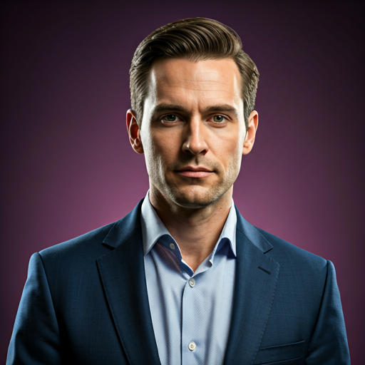 Editorial headshot of a creative marketing director with cinematic purple light